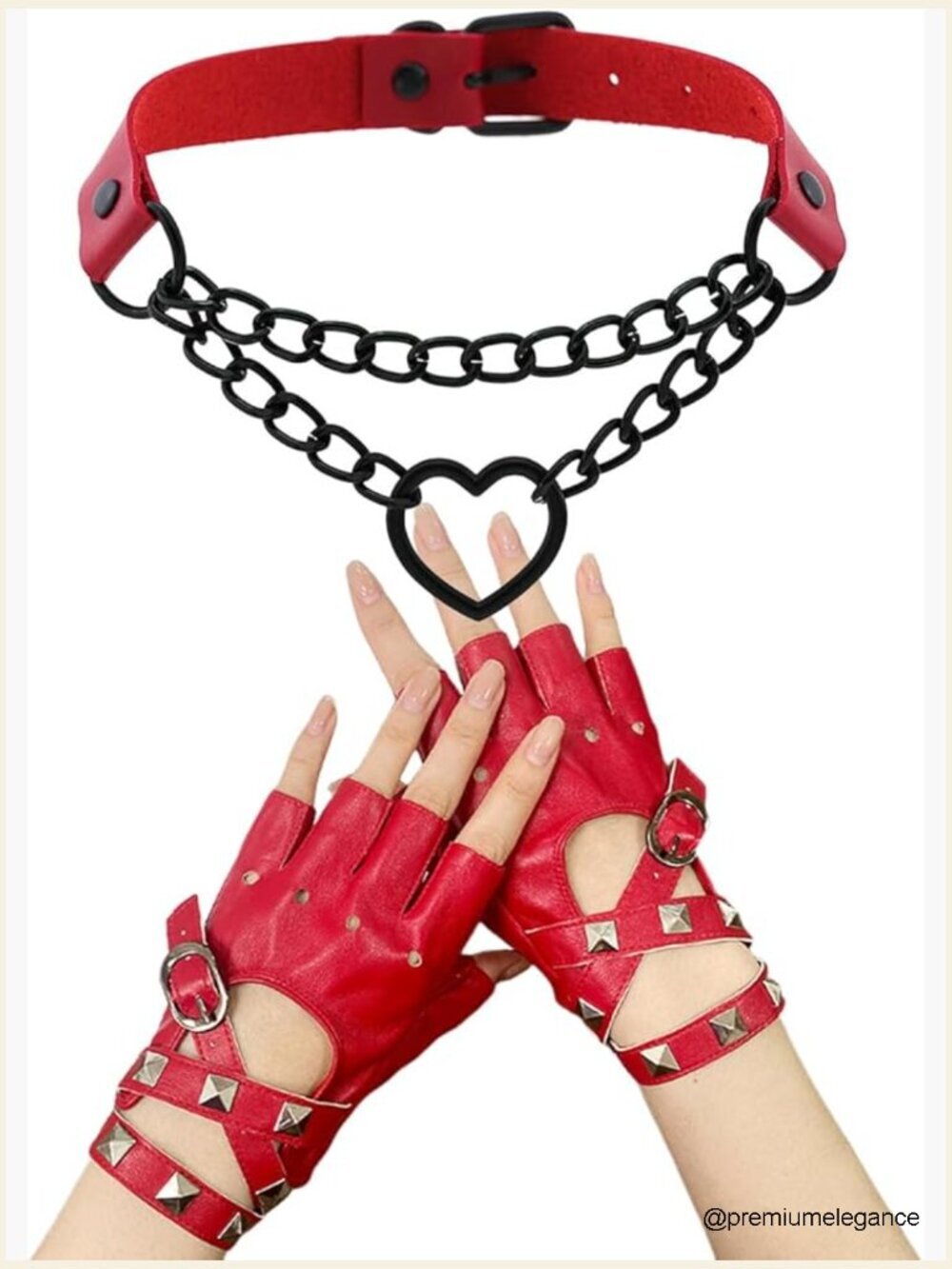 Fingerless Leather Gloves with Heart Choker Punk Goth Set